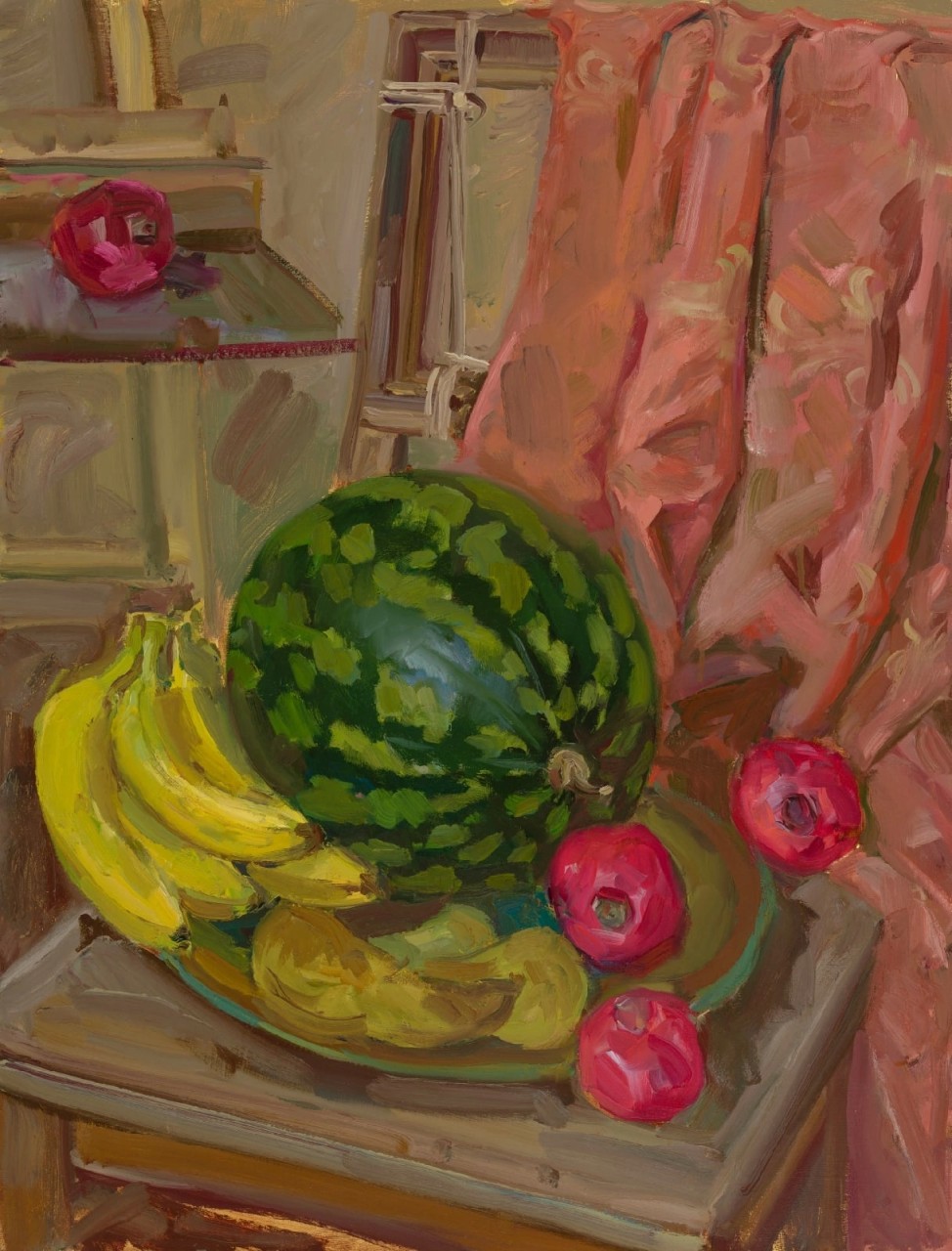 Арбуз,бананы и гранаты на розовом фоне