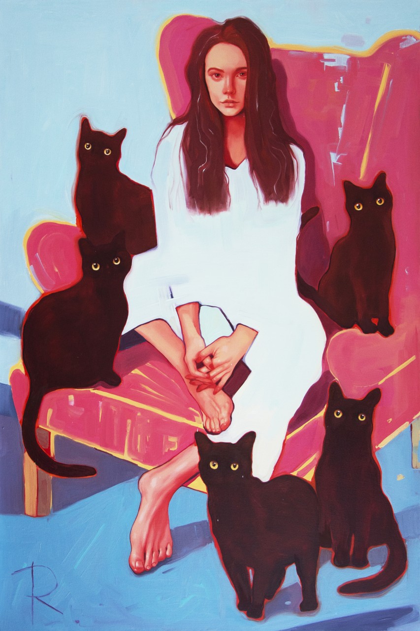 The girl with five black cats