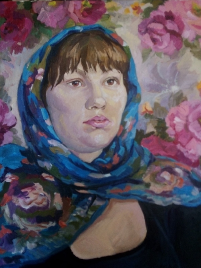 Девушка в синем платке. портрет Сонечки